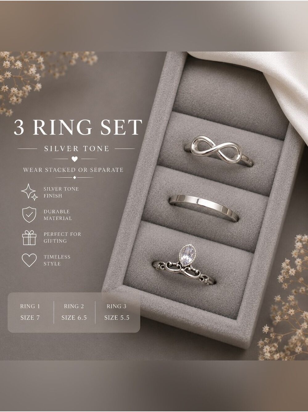 Silver Tone Women’s 3-Ring Set by